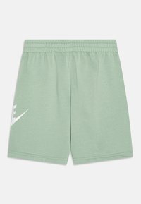 Lys grønn trening shorts laget av mykt stoff, med elastisk midjebånd og en hvit Nike-logo på venstre side.