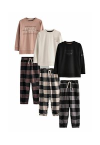 Två uppsättningar av sweatshirts och byxor: rosa, krämfärgade och svarta sweatshirts med grafik; svarta, grå och rutiga byxor. Bomullstyg, avslappnad passform.