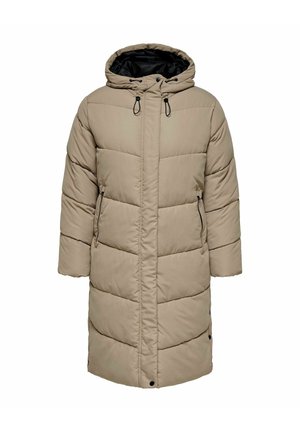 Abrigo acolchado beige con capucha, diseño acolchado, forro negro y bolsillos laterales. Cierre frontal con broches y cordones ajustables.