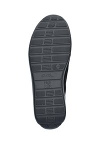 Zwarte rubberen schoenzool met een gestructureerd patroon met groeven. "High Soft" is gedrukt in het middenstuk. Lichtgewicht en flexibel ontwerp.