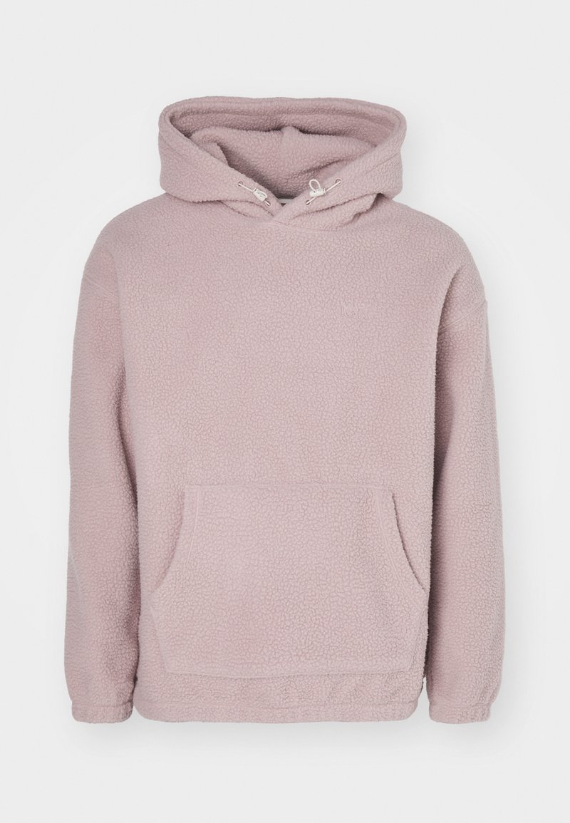 Sweat à capuche en polaire violet clair doux avec poche avant et capuche à cordon, présenté sur un fond blanc uni.