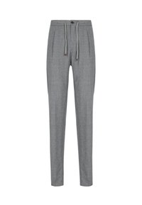 Pantaloni grigi slim fit con pieghe frontali, chiusura a bottone e cordino regolabile in vita.