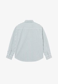 Chemise à manches longues boutonnée avec des rayures verticales vertes et blanches, vue de dos, dotée d'un empiècement et de poignets boutonnés.