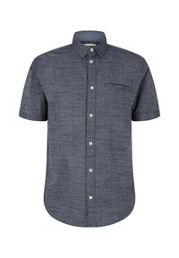 Kortärmad skjorta med knappar i mörkgrå strukturerad tyg, med en bred krage, framficka och vita knappar längs knapplisten.