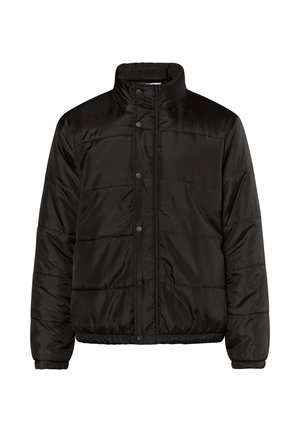 Jachetă neagră căptușită, cu guler înalt, închidere cu capse și manșete elastice. Textură netedă cu detalii de cusături orizontale.