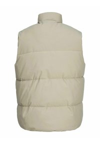 Bēšs pūkains veste ar augstu apkakli, izšūtu tekstūru un nedaudz brīvu piegulšanu. Aizmugurē nav redzamu aizdaru vai kabatu.