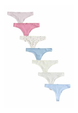 Sieben Baumwoll-Damen-Tangas in Pastellrosa, Dunkelrosa, mit Blumenmuster, Blau, Creme, Weiß mit Spitze und Hellblau, diagonal angeordnet.