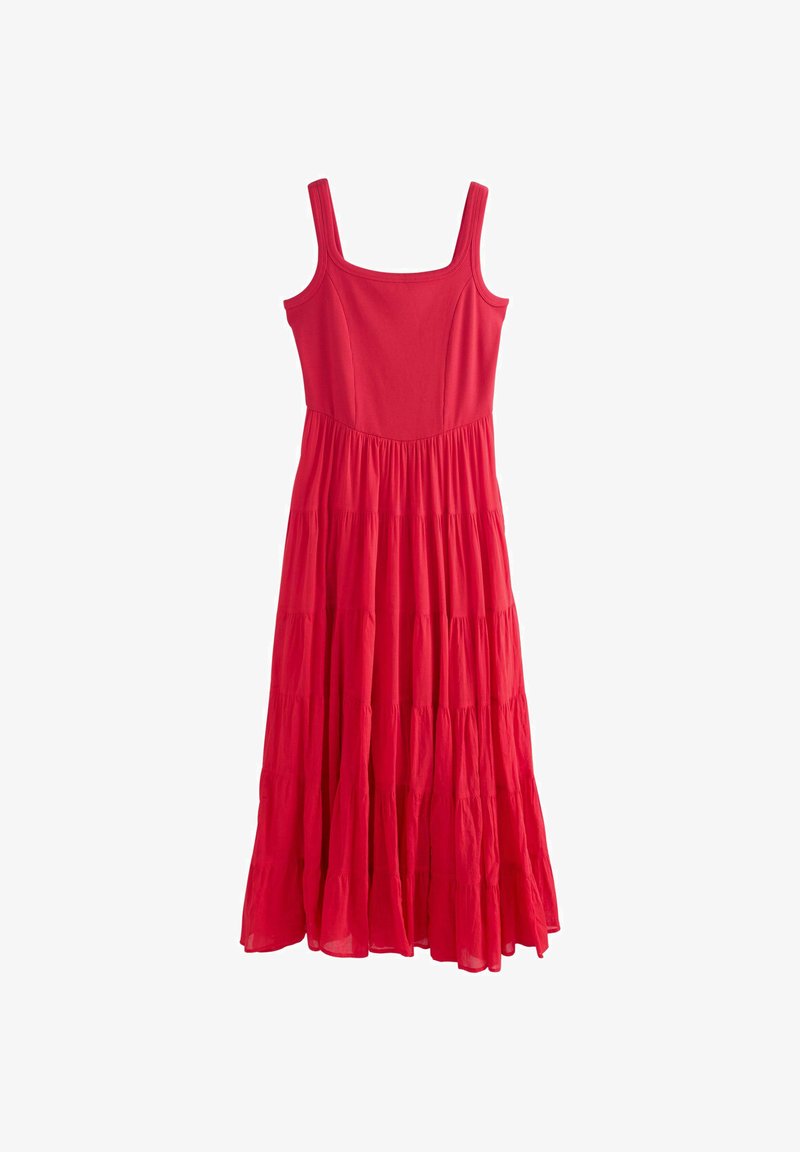 Robe maxi rouge sans manches avec encolure carrée et jupe à volants froncés, fabriquée en tissu léger.