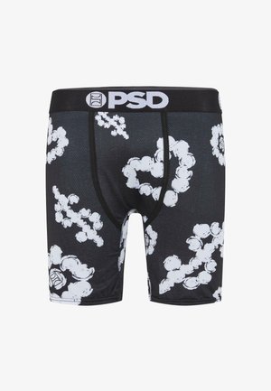 Boxer da uomo neri con motivi a nuvole bianche, dotati di un elastico nero con il logo "PSD". Realizzati in materiale liscio e elastico.