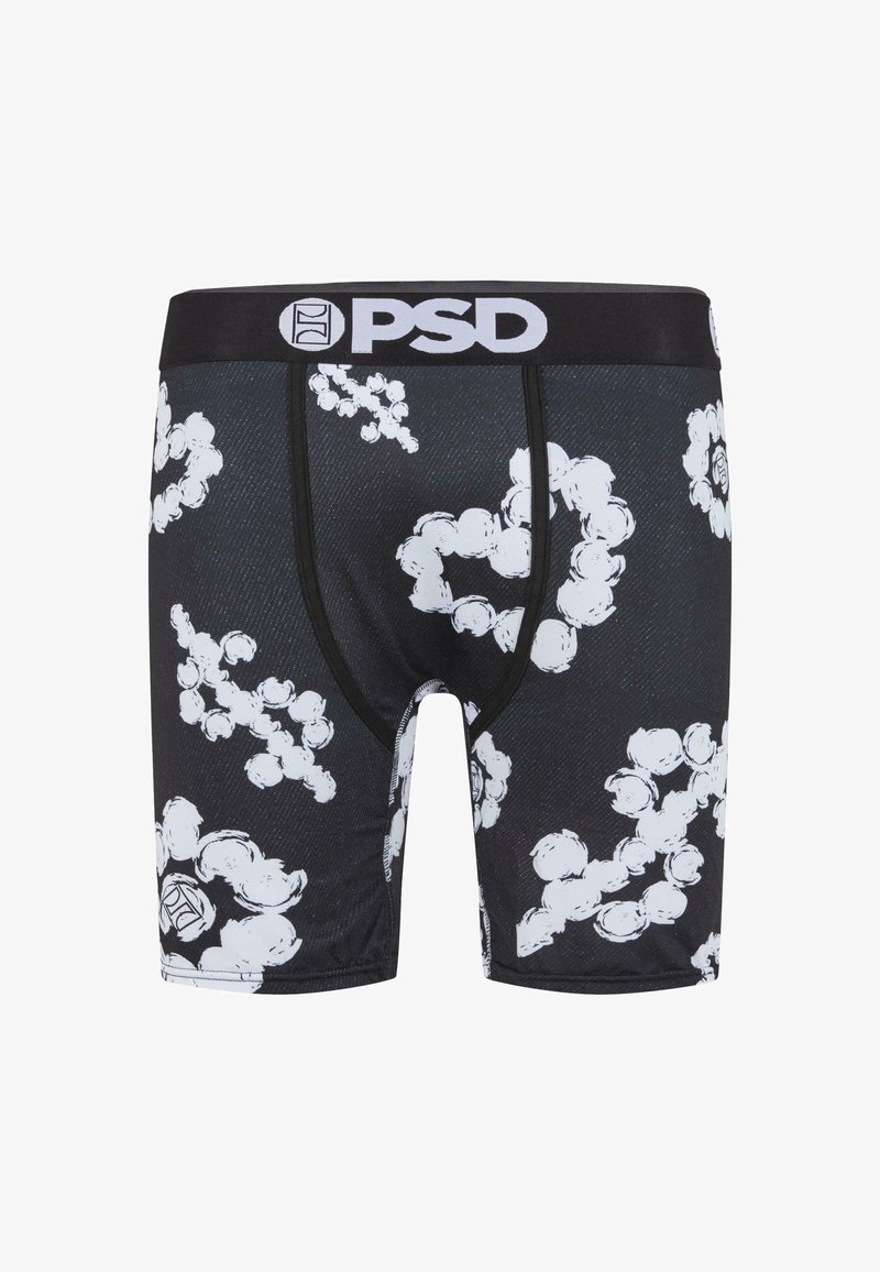 Boxer briefs negros con patrones de nubes blancas, con una cinturilla negra que lleva el logotipo "PSD". Fabricados con material suave y elástico.