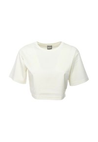 T-shirt bianca corta in cotone, con maniche corte e scollatura rotonda. Design semplice senza motivi o dettagli.