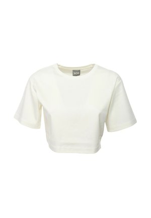 T-shirt bianca corta in cotone, con maniche corte e scollatura rotonda. Design semplice senza motivi o dettagli.