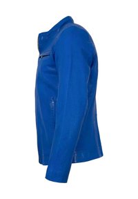 Blaue Lederjacke mit Reißverschluss vorne, schlankem Schnitt und seitlichen Taschen. Glatte, glänzende Textur mit Stehkragen.