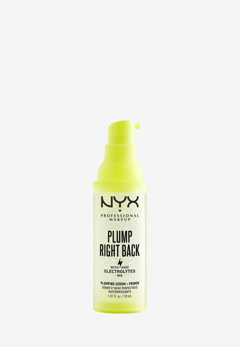 Flacon pompe jaune vif de sérum et base NYX Professional Makeup Plump Right Back avec électrolytes, 30 ml.