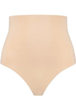 Beige taille-hoge vormgevende slipjes gemaakt van een gladde, rekbare stof. Beschikt over een naadloos ontwerp zonder zichtbare hardware.