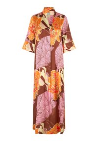 Blommig maxiklänning med en brun bas och stora mönster av orange, rosa och gula blommor. Lättviktig tyg och avslappnad passform med kimonoärmar.