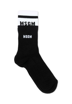 Czarno-biała skarpetka z logo "MSGM" na ściągaczu i kostce, z białym górnym ściągaczem ozdobionym czarnym paskiem.