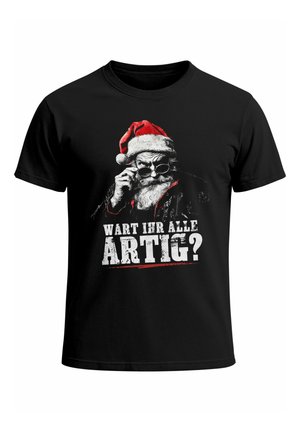Black T-shirt with graphic of Santa in sunglasses and red hat, text in German asking "Are you all good?" (Wart ihr alle artig?).