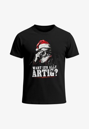Black T-shirt with graphic of Santa in sunglasses and red hat, text in German asking "Are you all good?" (Wart ihr alle artig?).