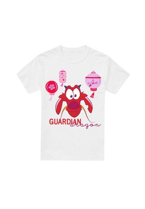 Weißes T-Shirt mit einem roten Cartoon-Drachenkopf und dekorativen rosa Laternen. Der Text lautet "GUARDIAN dragon" in Rot und Pink.