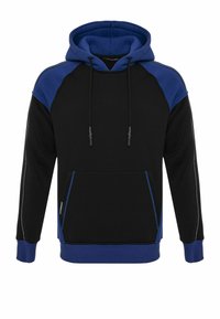 Sweat à capuche noir et bleu avec une poche kangourou, une capuche à cordon de serrage et des panneaux d'épaule contrastants. Comprend des poignets et un ourlet côtelés. Tissu doux.