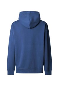 Niebieska bluza z kapturem wykonana z gładkiego materiału, o regularnym kroju, z długimi rękawami oraz ściągaczami na mankietach i na dole. Widok z tyłu.