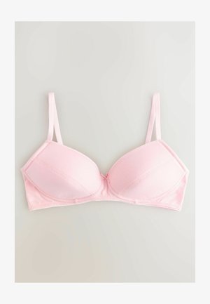 Sutien căptușit de culoare roz pal, cu bretele ajustabile, material neted și un detaliu sub formă de fundiță în centrul său. Prezintă un design clasic cu sârmă de susținere.