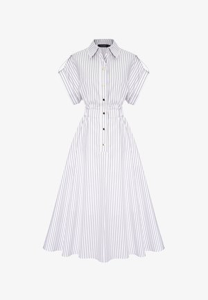 Biała sukienka midi z pionowymi szarymi paskami, krótkie rękawy z odkrytymi ramionami, zapinana na guziki z przodu, kołnierzyk oraz dopasowana talia z szlufkami na pasek.