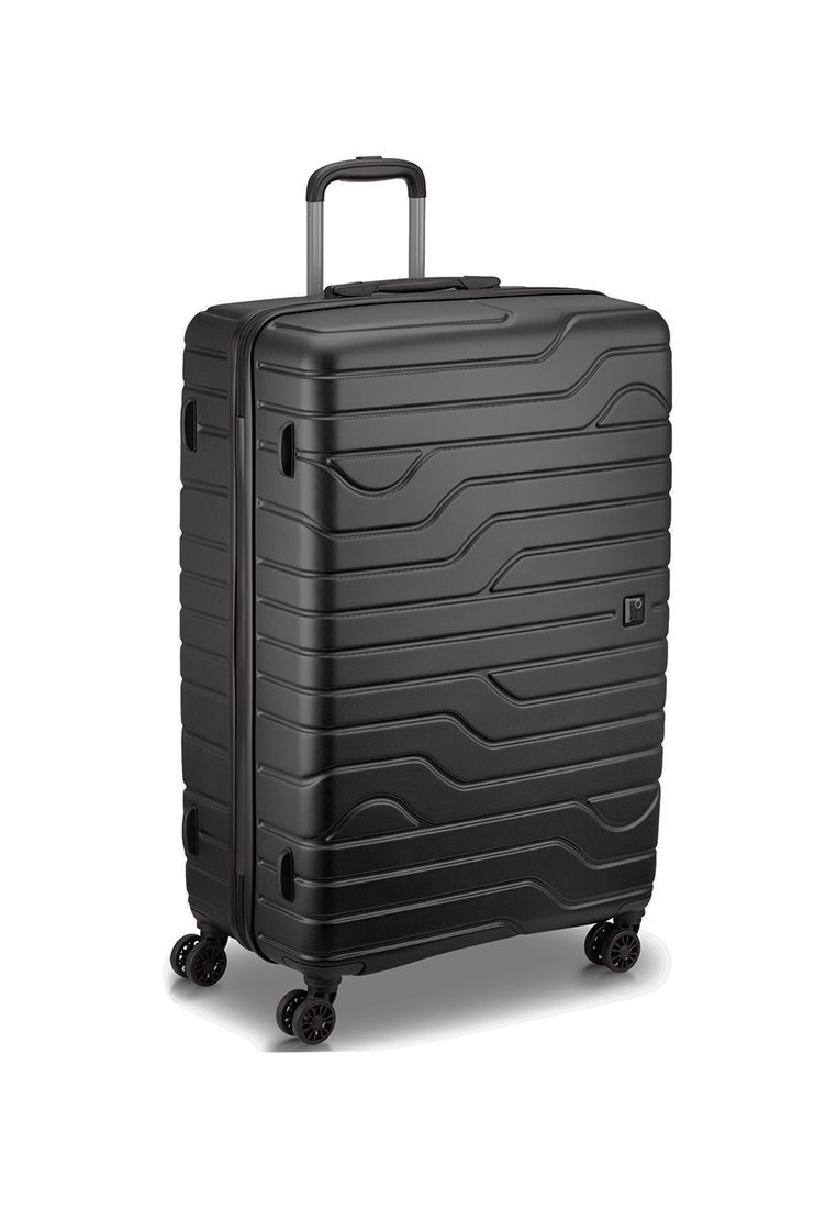 Maleta rígida negra con un diseño de olas texturizadas, dos asas, cuatro ruedas y un mango retráctil para una fácil movilidad.