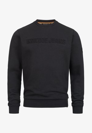Black sweatshirt featuring a textured "INDICODE JEANS" logo, round neckline, and ribbed cuffs. Includes a zipper detail on the side.