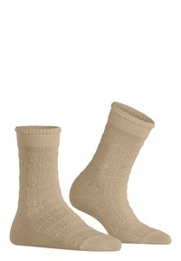 Beige gestrickte Socken mit einem strukturierten Muster, geripptem Bündchen und verstärkter Zehen- und Ferse. Leichter Stoff mit offenem Design für Atmungsaktivität.