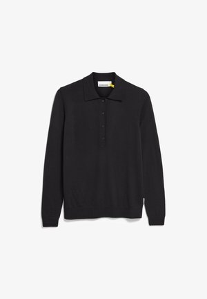 Polo shirt nero a maniche lunghe realizzato in tessuto morbido, con colletto classico, pattina a cinque bottoni e una sottile etichetta con logo sul lato.
