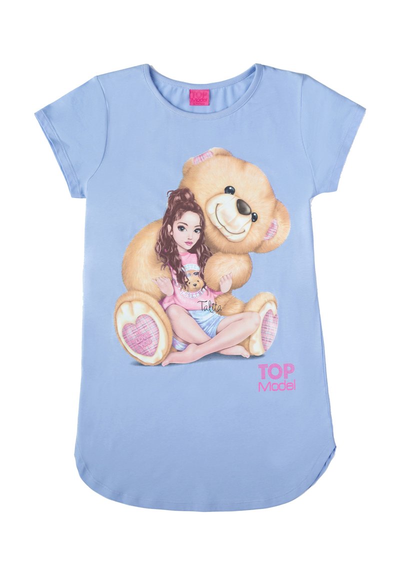 Himmelblaues Kurzarmkleid mit einem Grafikmotiv eines Mädchens mit einem Teddybär. Das Design beinhaltet rosa Akzente und Herzdetails auf den Pfoten des Bären.