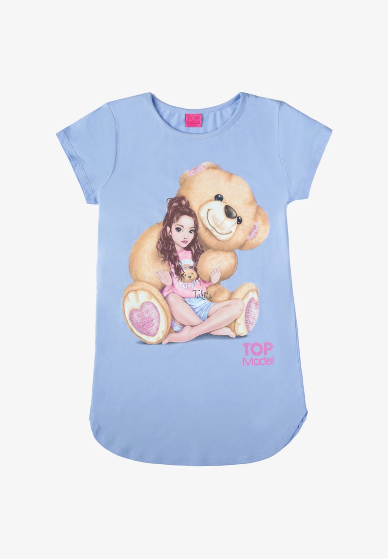Light blue short-sleeve dress features a graphic of a girl with a teddy bear. The design includes pink accents and heart details on the bear's paws.