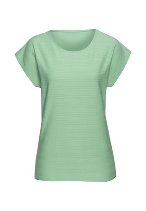 Camiseta verde claro hecha de una tela texturada con un corte holgado, que presenta mangas cortas y un escote redondo.