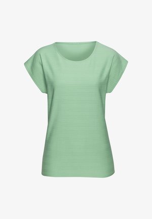 Top verde chiaro realizzato in tessuto testurizzato con una vestibilità ampia, dotato di maniche corte e scollatura rotonda.