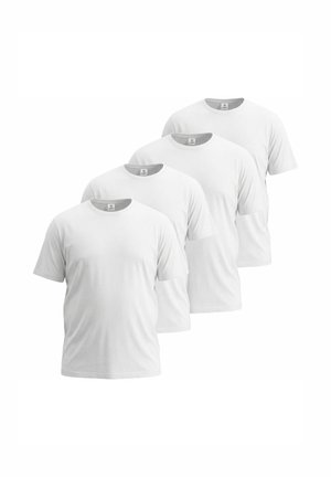 Vier schlichte weiße T-Shirts mit kurzen Ärmeln und Rundhalsausschnitt, in versetzter Reihe auf weißem Hintergrund angeordnet.