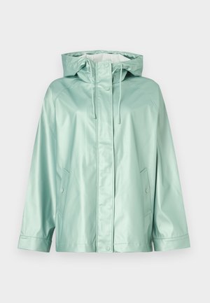 Light mint green waterproof jacket, featuring a hood, zippered front, two side pockets, and a smooth, shiny texture.
