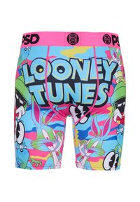 Men's colorful Looney Tunes boxer briefs featuring Bugs Bunny, Marvin the Martian, and the Looney Tunes logo with a pink waistband.