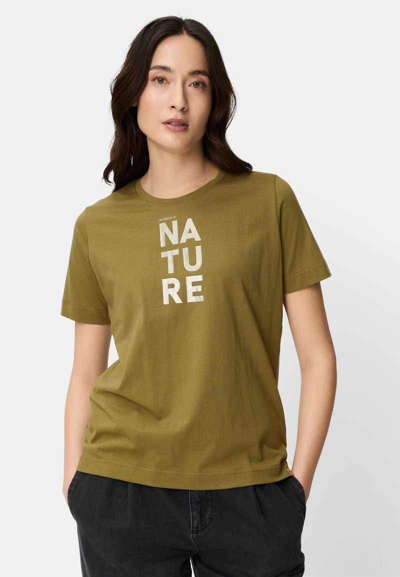 Olive green cotton t-shirt with short sleeves, featuring the word "NATURE" printed vertically in light-colored text. Simple round neckline.