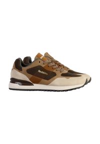 Scarpe sportive marroni e beige con una tomaia in camoscio e mesh, dettagli a motivo, suola ammortizzata e un logo di lato.