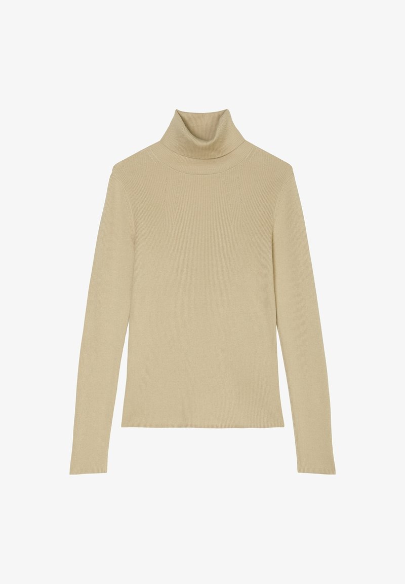 Beige ribgebreide coltrui met lange mouwen, een aansluitend model en subtiele naaddetails op de voorste schouders.