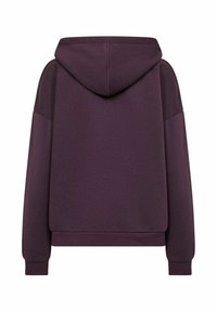 Sudadera con capucha de tela color púrpura oscuro con un acabado texturizado. Presenta una capucha, mangas largas y puños y dobladillo acanalados. Diseño sencillo.