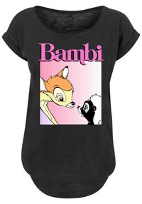 Svart T-skjorte med et fargerikt grafisk bilde av Bambi, med rund hals og korte ermer; designet inkluderer myk pastellbakgrunn og tegneseriefigurer.