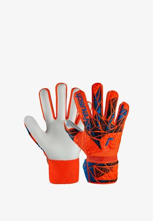 Goalkeeper gloves with a white latex palm, orange body, blue and black geometric accents, textured grip surface, and vibrant wrist cuff.