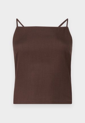 Bruine, mouwloze top met dunne bandjes; gemaakt van een gladde, matte stof; rechte snit met een rechte zoom; minimalistisch ontwerp zonder patronen.