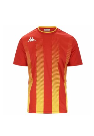 Maglietta sportiva a maniche corte rossa e gialla con design a strisce in gradiente. Logo Kappa bianco sul petto. Girocollo con rifinitura gialla.