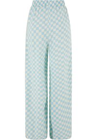 Pantalons larges bleu clair en tissu doux, avec un motif en damier dans des teintes alternées de bleu et de blanc. Taille élastique.