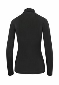 Zwarte top met lange mouwen en hoge hals, met een gladde textuur en een strakke pasvorm, zonder zichtbare logo's of versieringen.