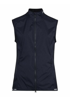 Veste noire sans manches zippée avec col montant, deux poches avant zippées et petit logo sur le col et l'ourlet inférieur.